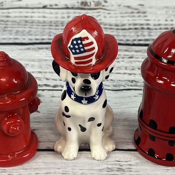 Dalmatian Dog Fire Hydrant Fireman Magnetic Salt & Pepper Shakers 3pc Set - Picture 5 of 10